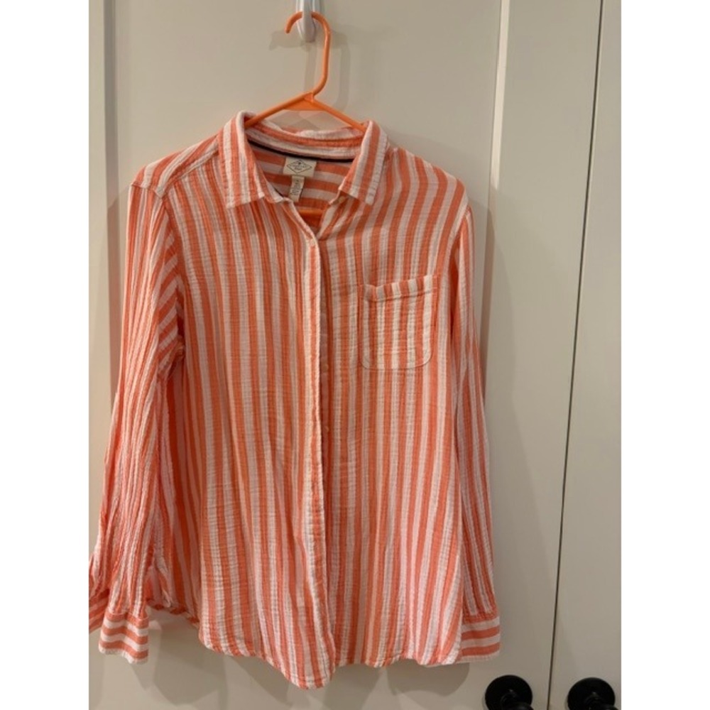 St Johns Bay Womens Large Orange White Striped Cotton Gauze Button Down Shirt